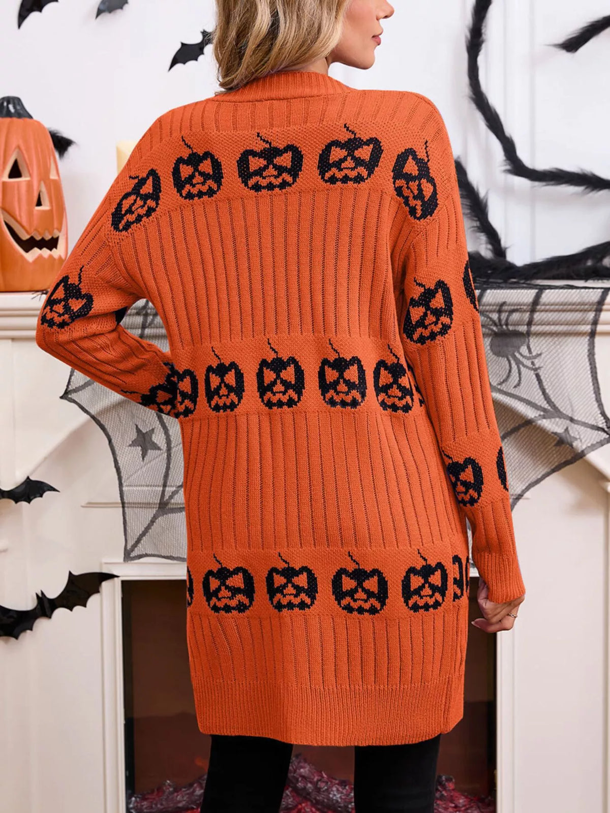 Halloween Pumpkin Open Front Knit Cardigan - Orange - View 3