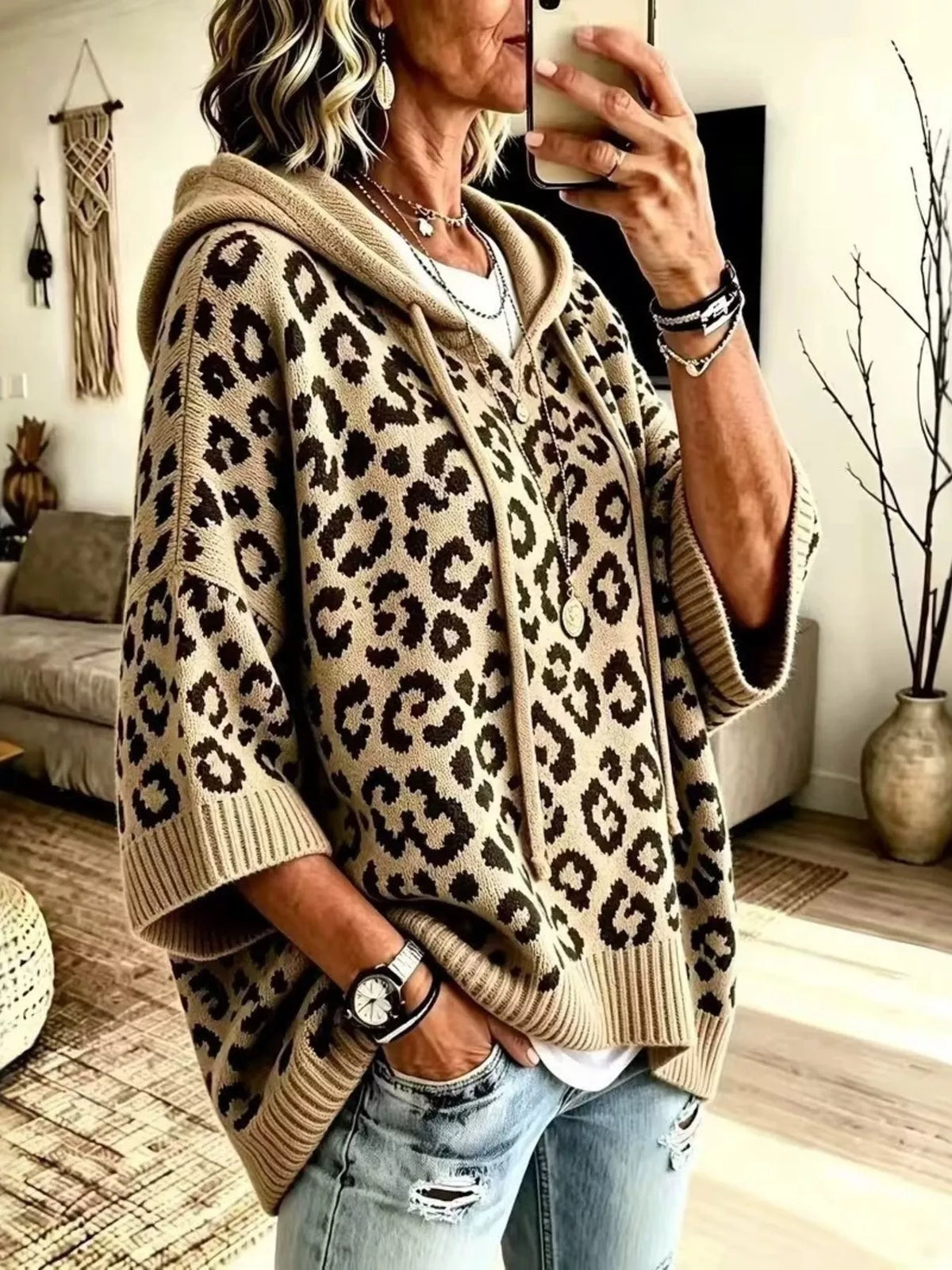 Drawstring Leopard Hooded Sweater - Khaki - View 1