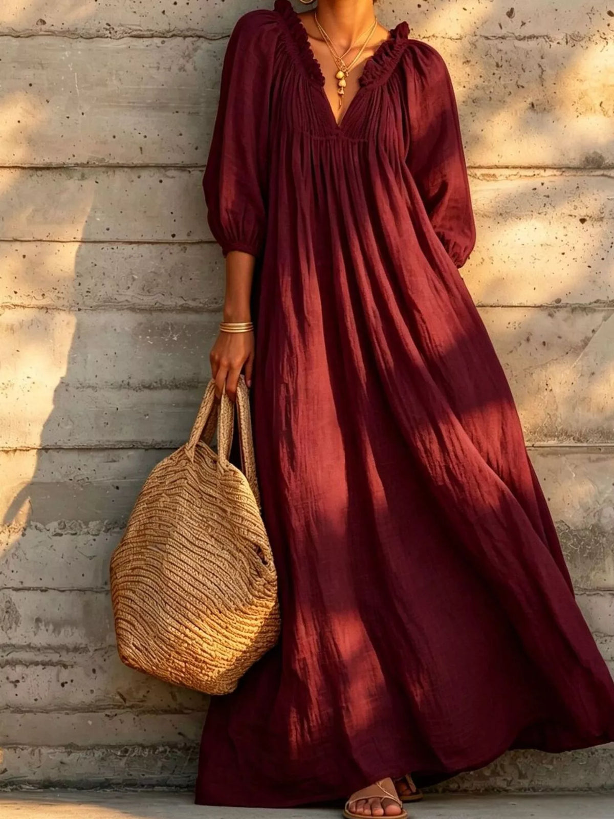 Tiered Notched 3/4 Sleeve Maxi Dress - Burgundy - View 2