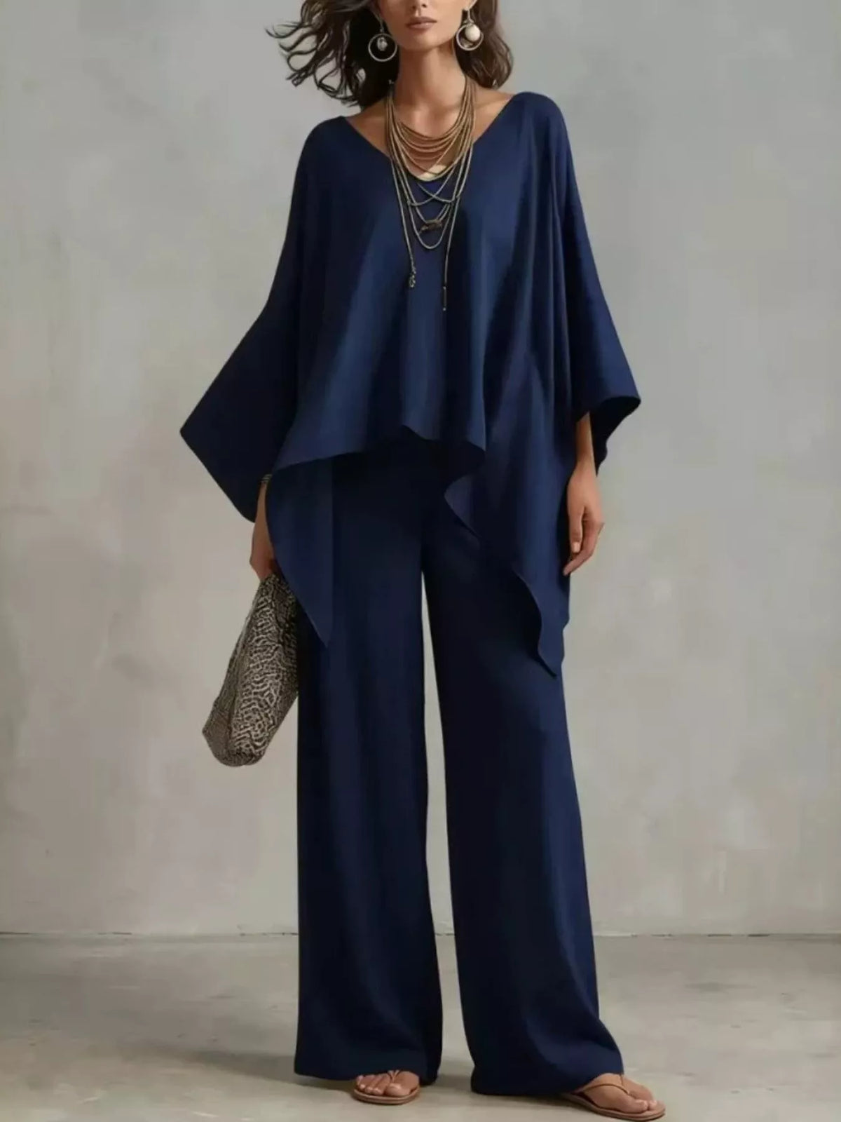 Loose Fit V-Neck Top and Pants Two-Piece Set - Navy - View 1