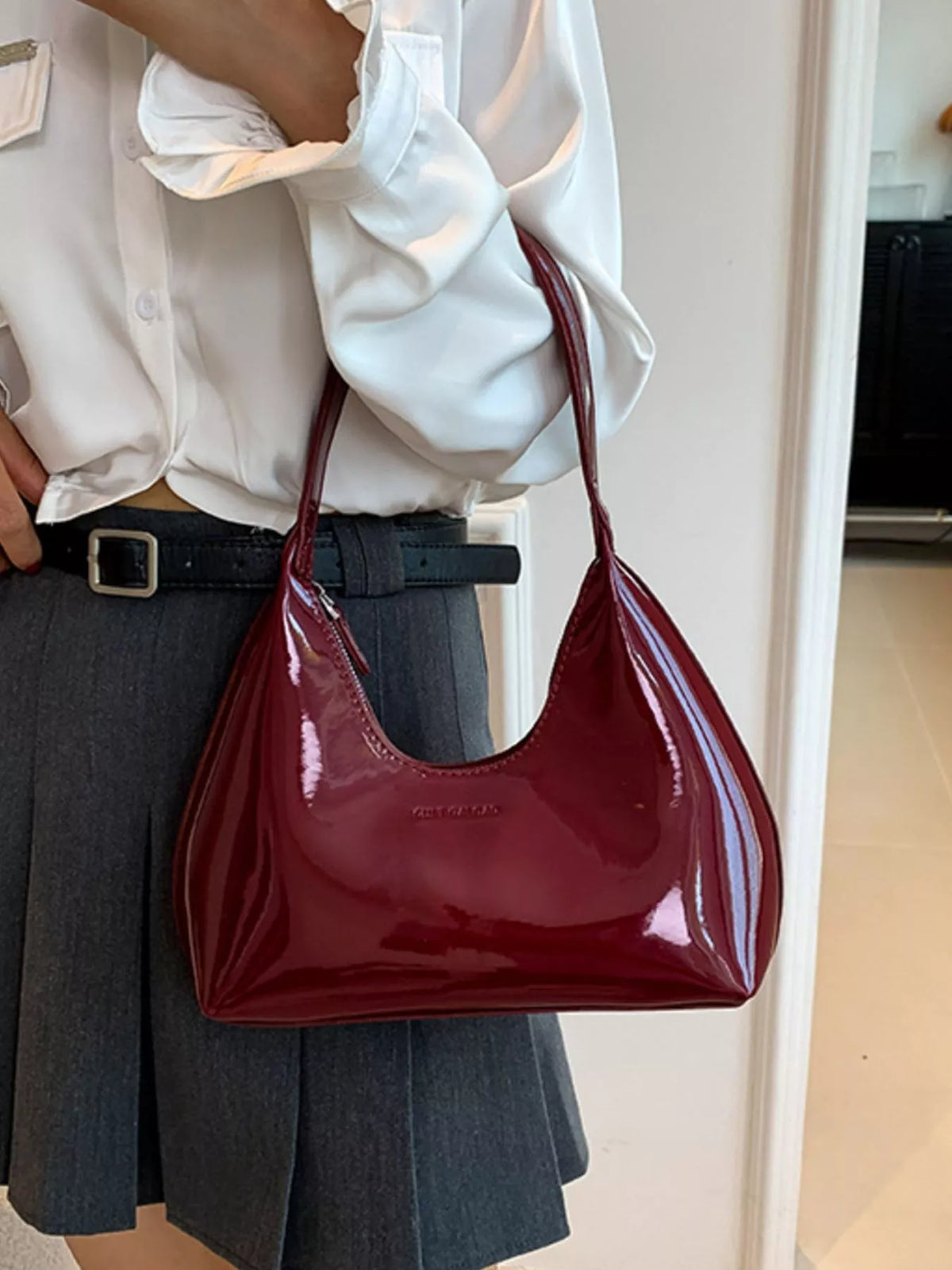 PU Leather Shoulder Bag - Wine Red - View 2
