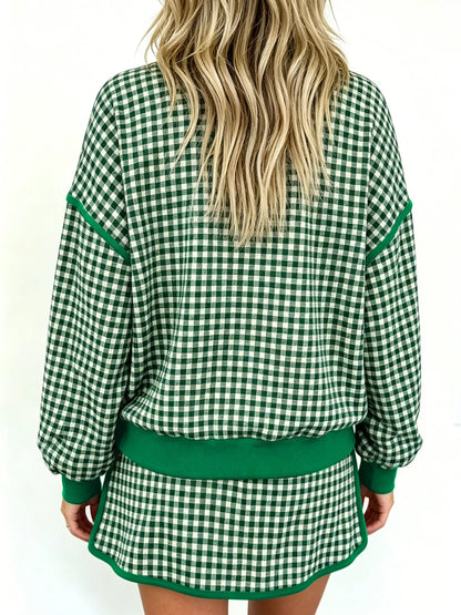 Gingham Long Sleeve Sweatshirt and Shorts Set - Moss - View 2