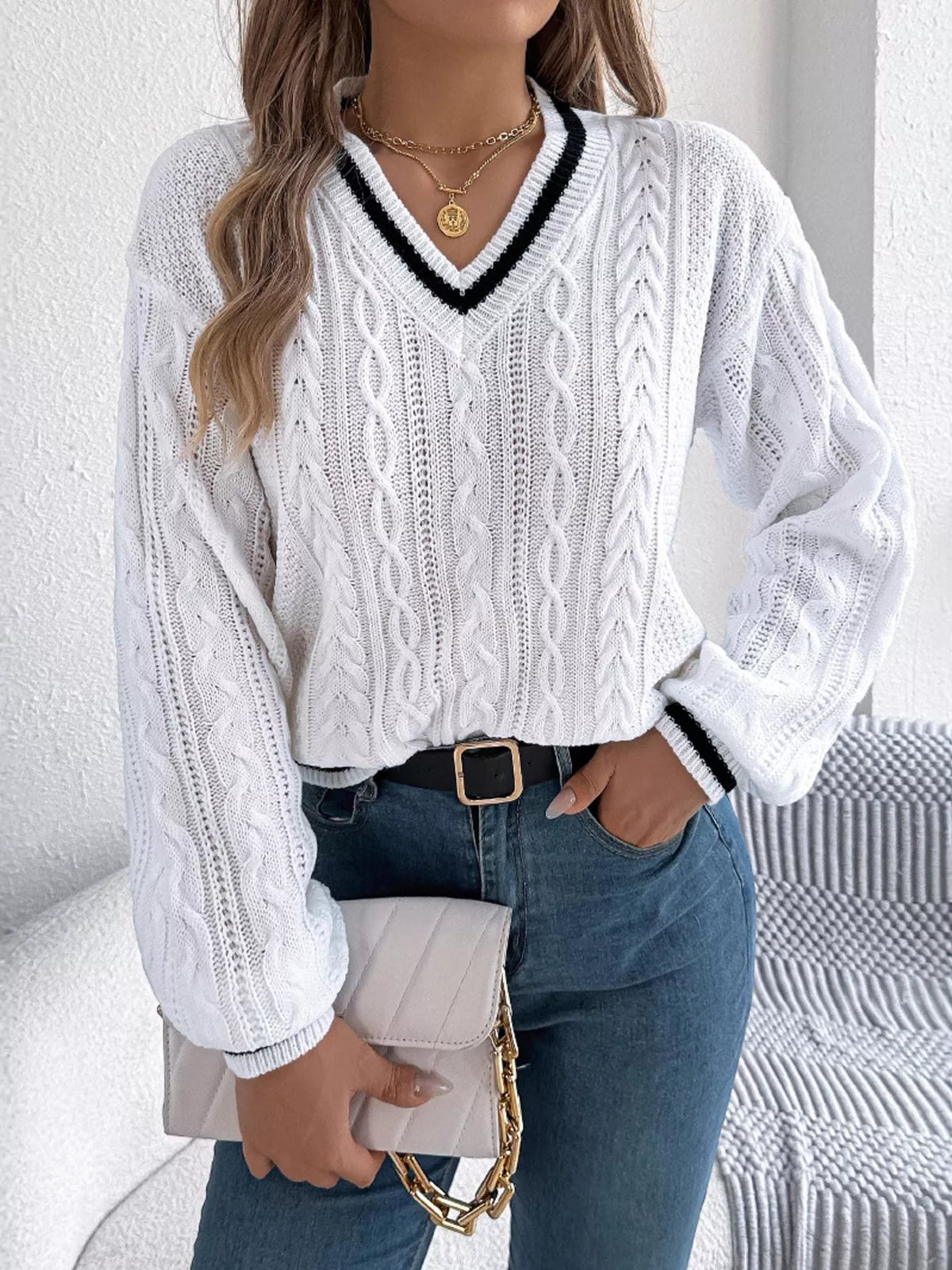 V-Neck Cable Knit Sweater with Striped Trim - White - View 1