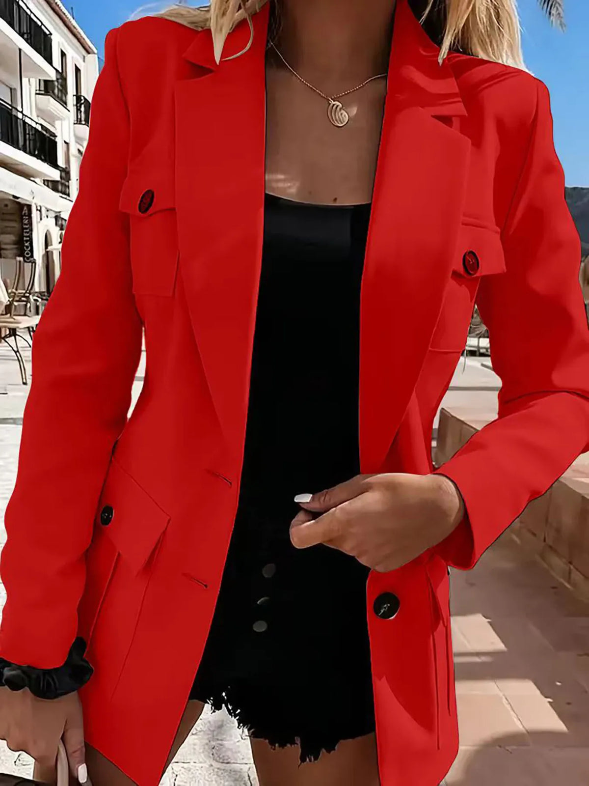Lapel Collar Long Sleeve Blazer - Red - View 2