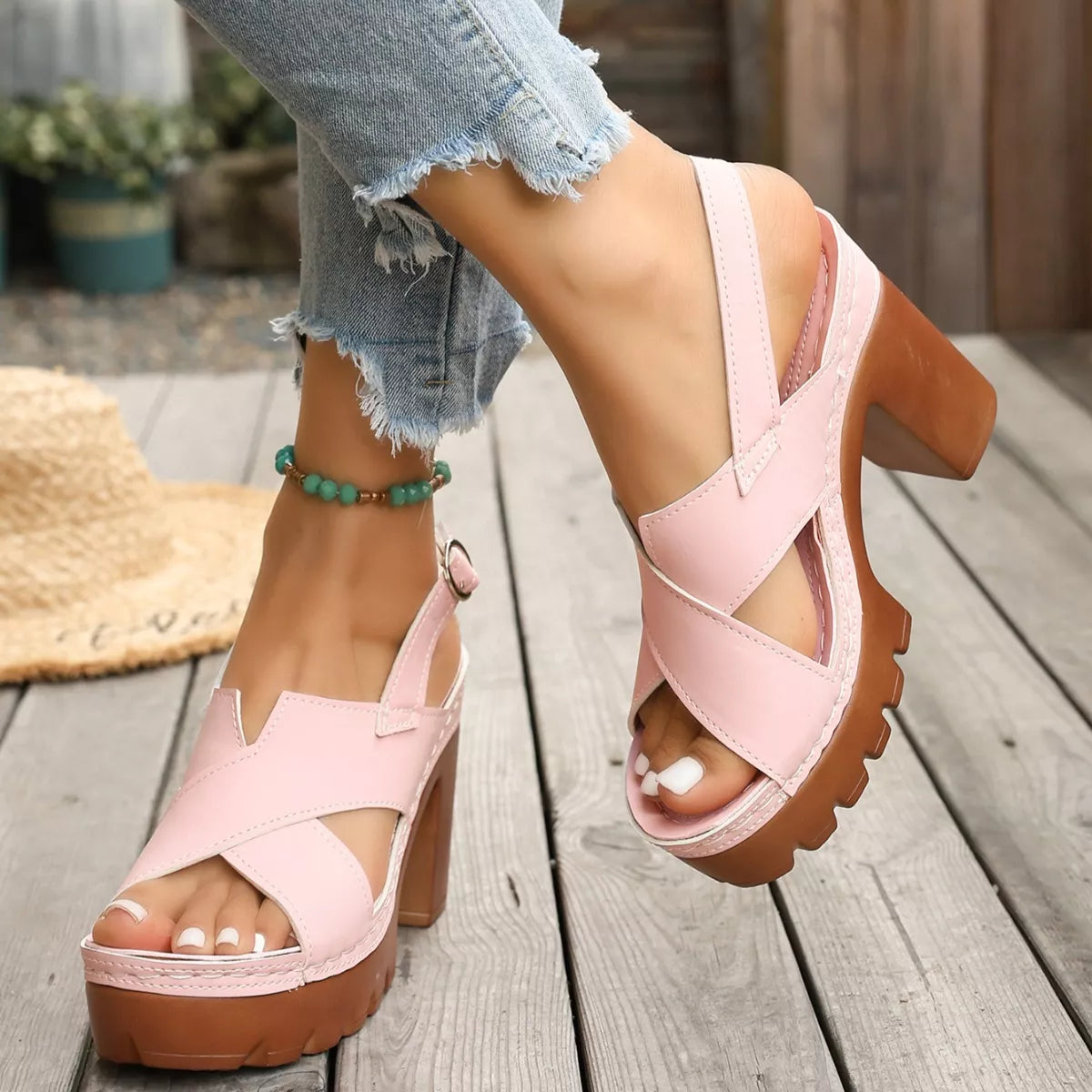 Open Toe Block Heels Sandals - Pink - View 6