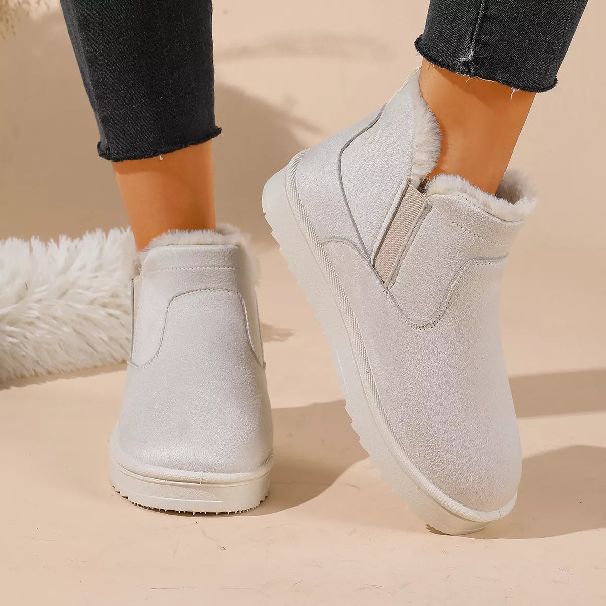 Plush Lined Winter Ankle Boots - White - View 1