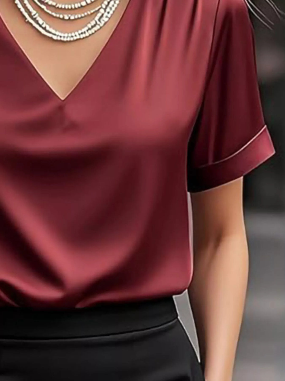 V-Neck Short Sleeve Satin Blouse - Wine Red - View 12