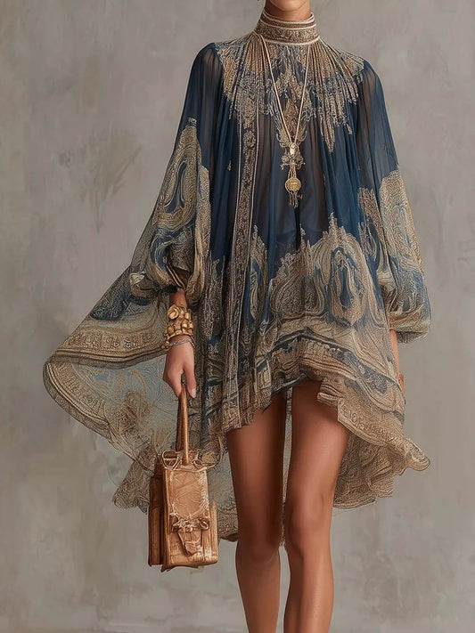 Full Size Paisley Print Chiffon High-Low Mini Dress Plus Size - Navy - View 1
