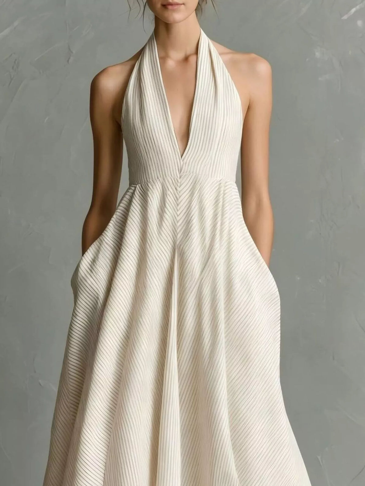 Full Size Striped Halter Neck Maxi Dress with Pockets Plus Size - Beige - View 1