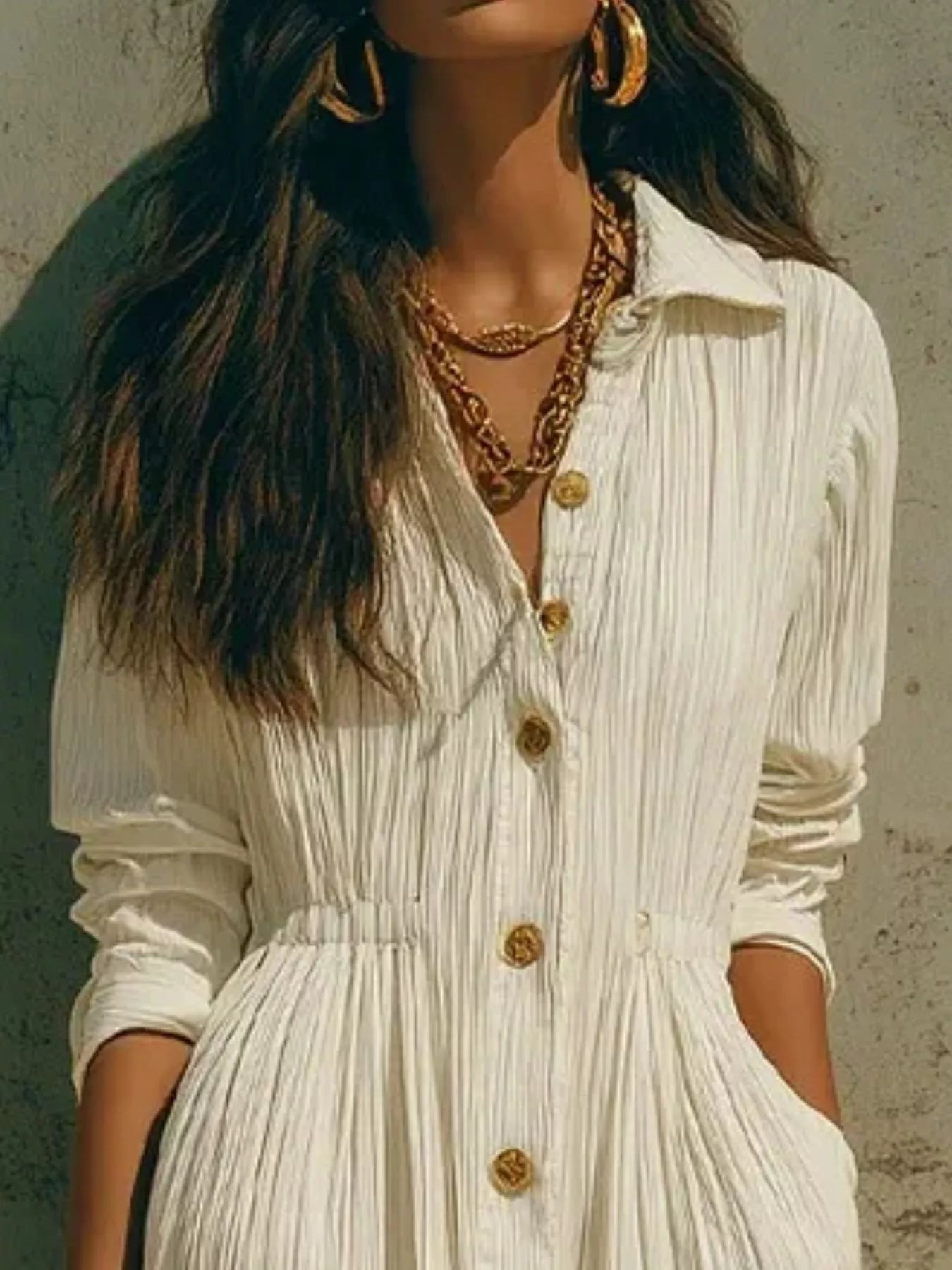 Full Size Textured Button Down Long Sleeve Maxi Dress Plus Size - White - Front Detail View