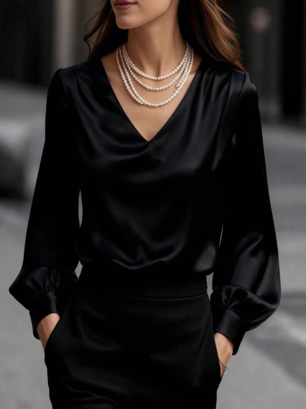 Satin V-Neck Long Sleeve Blouse - Black - View 3
