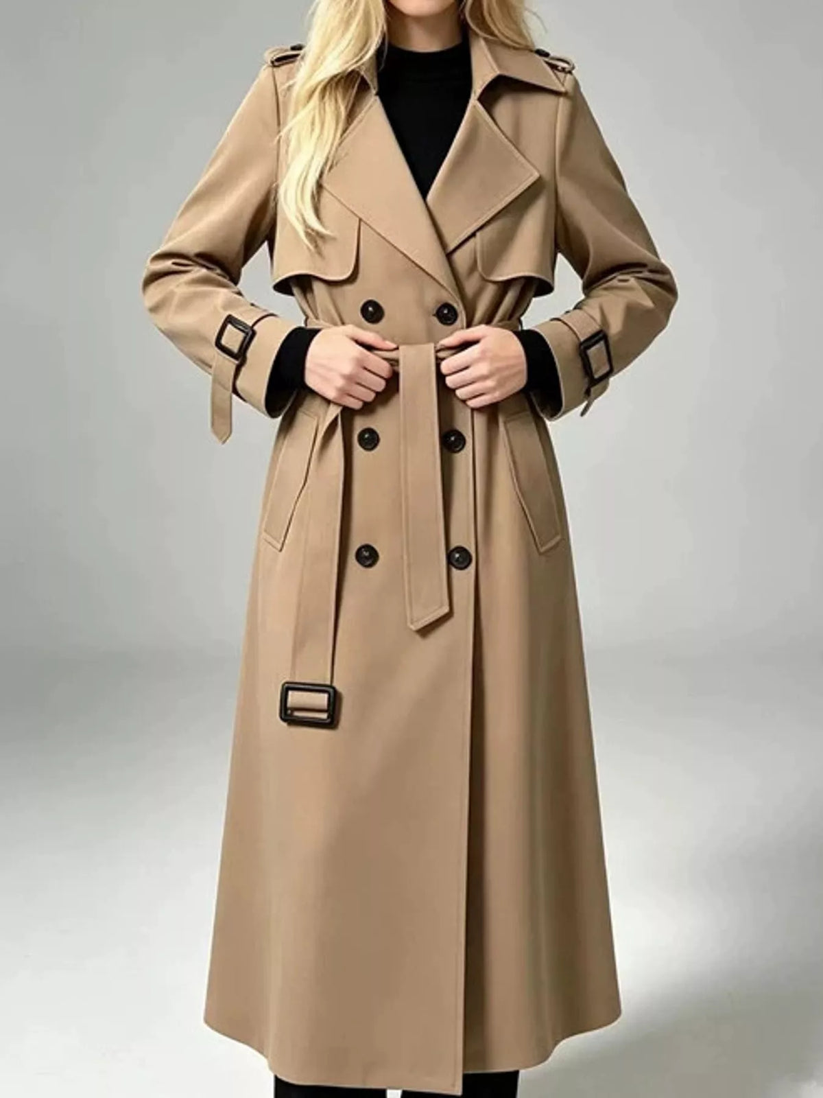 Full Size Double-Breasted Coat with Belted Waist Plus Size