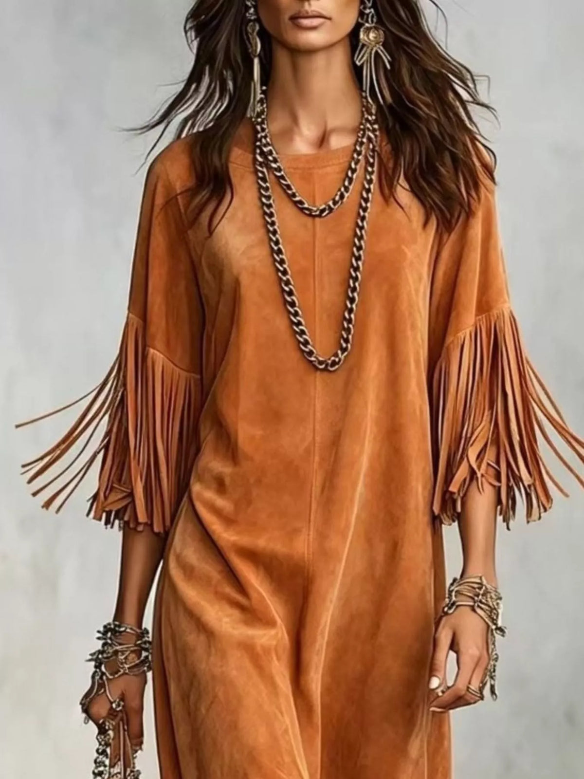 Fringed Round Neck Midi Dress - Orange - View 1