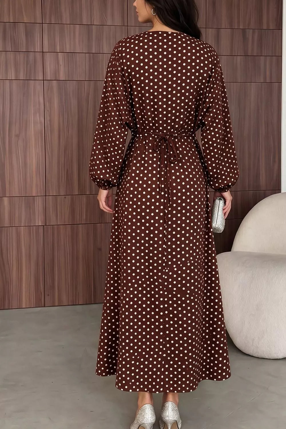 Polka Dot Long Sleeve Maxi Dress - Coffee Brown - View 2