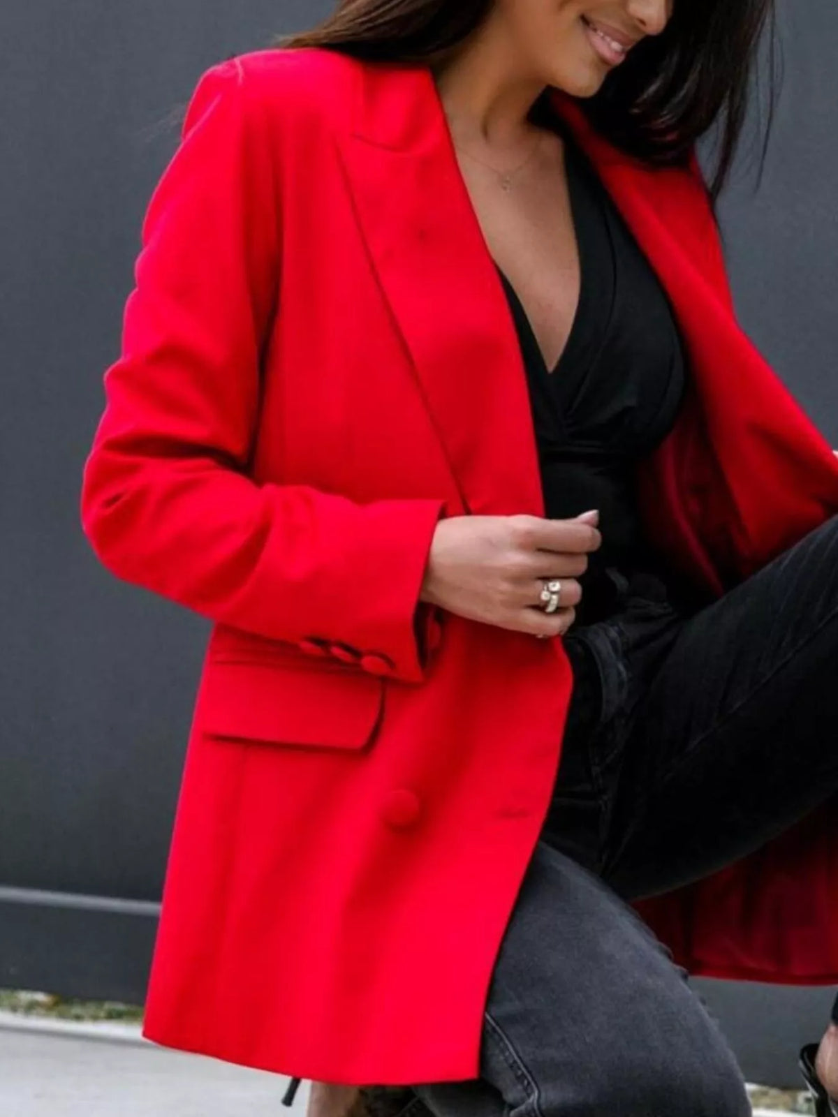 Lapel Collar Long Sleeve Blazer - Red - View 16