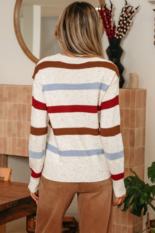 Beige Stripe Exposed Seam Drop Shoulder Heathered Knit Sweater - Beige Stripe - 2