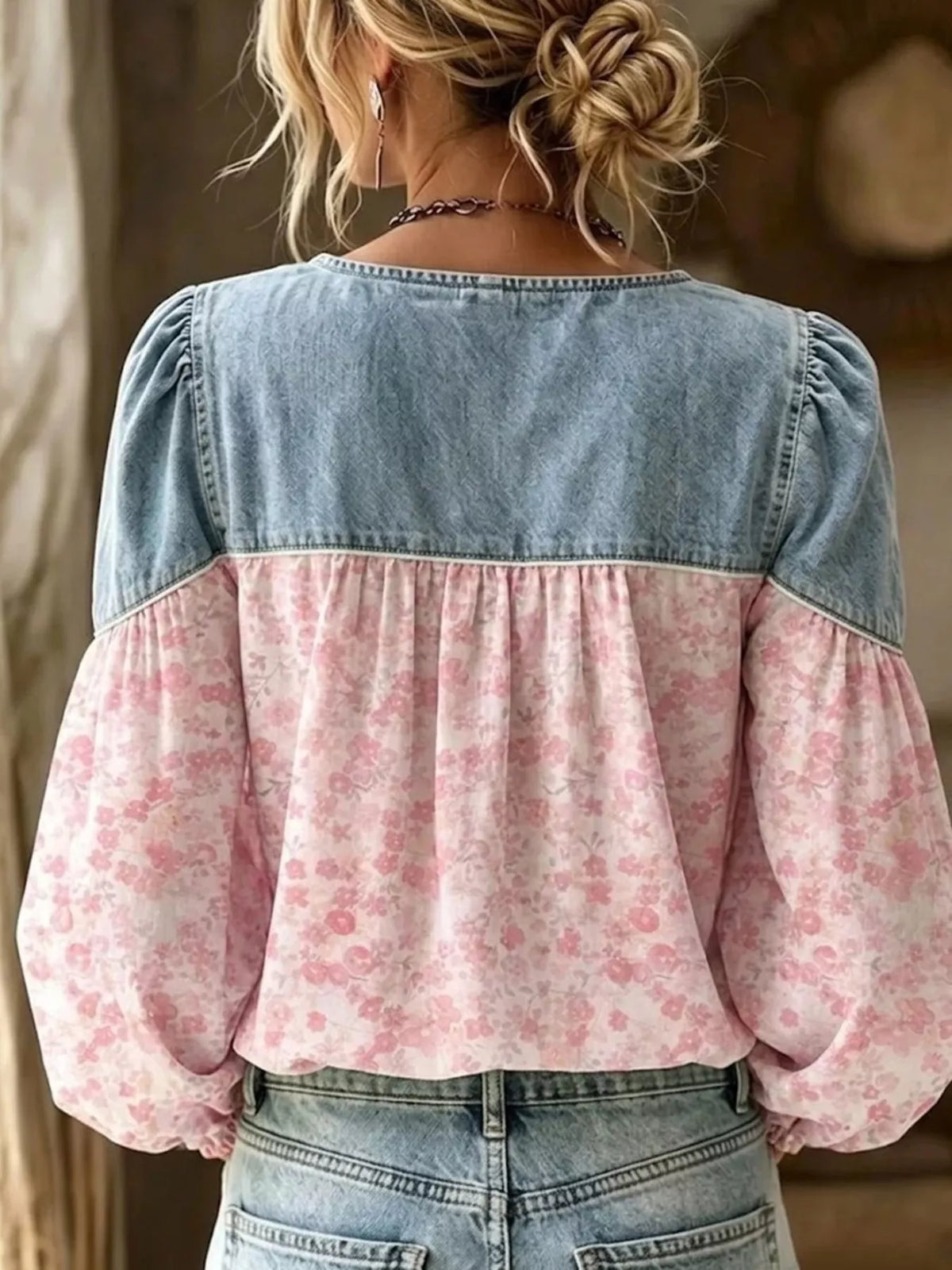 Full Size Denim Patchwork Floral Denim Top Plus Size - Pink - View 2