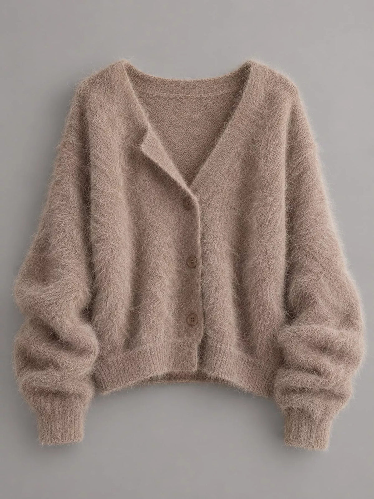 Fuzzy V-Neck Button-Down Cardigan - Camel - View 18
