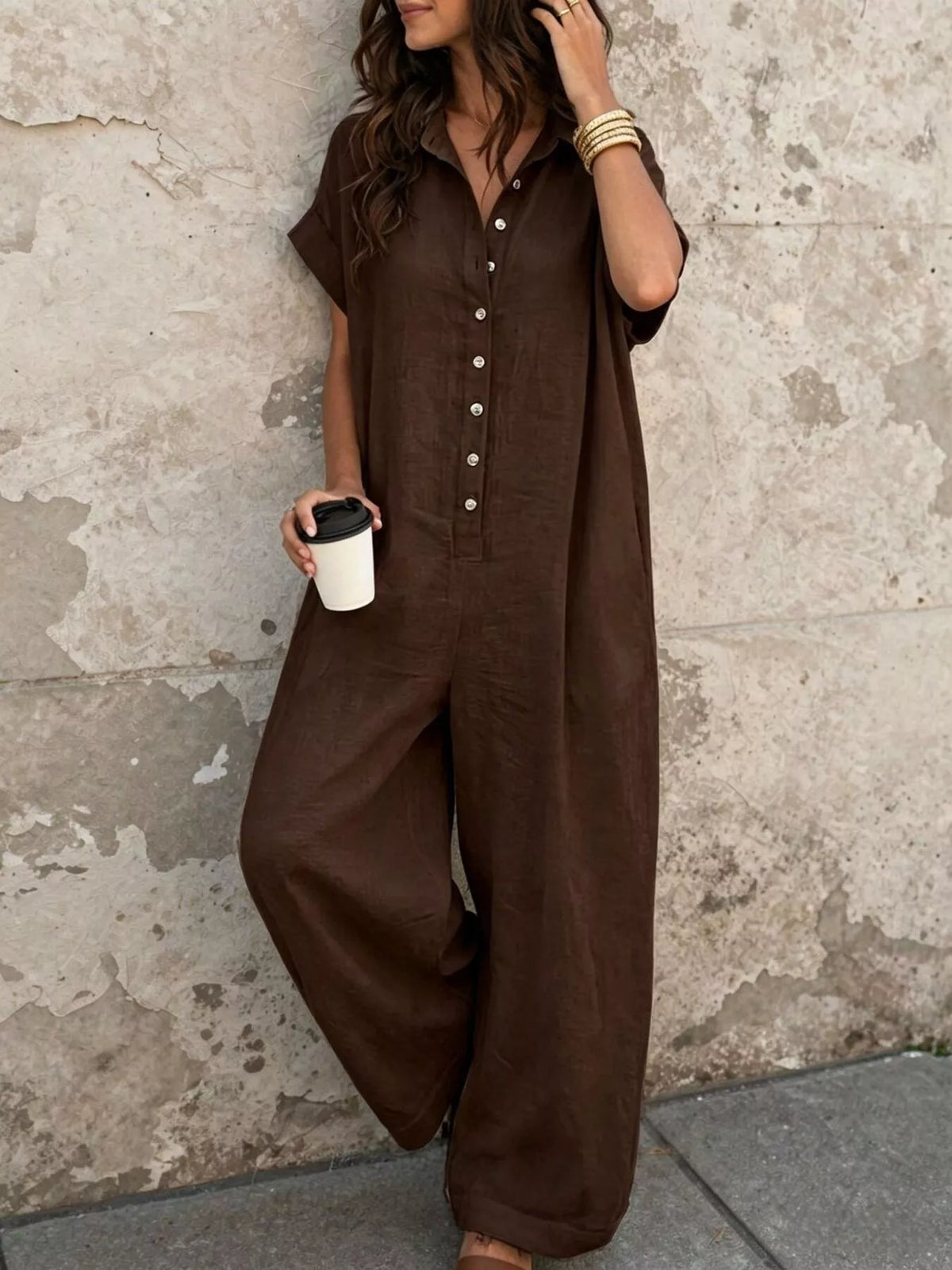 Button Front Short Sleeve Jumpsuit - Dark Brown - View 1