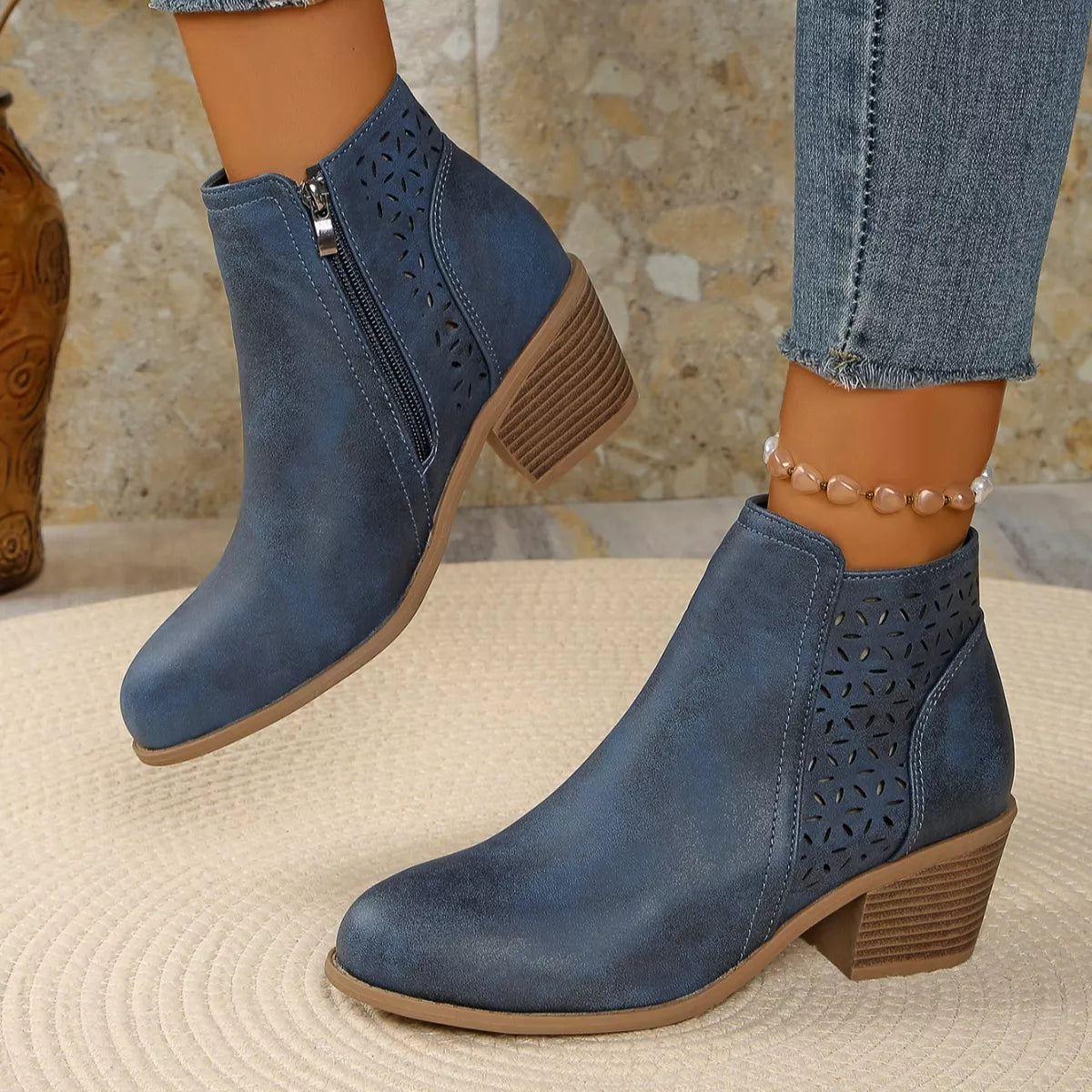 Point Toe Block Heels Boots - Blue - View 18