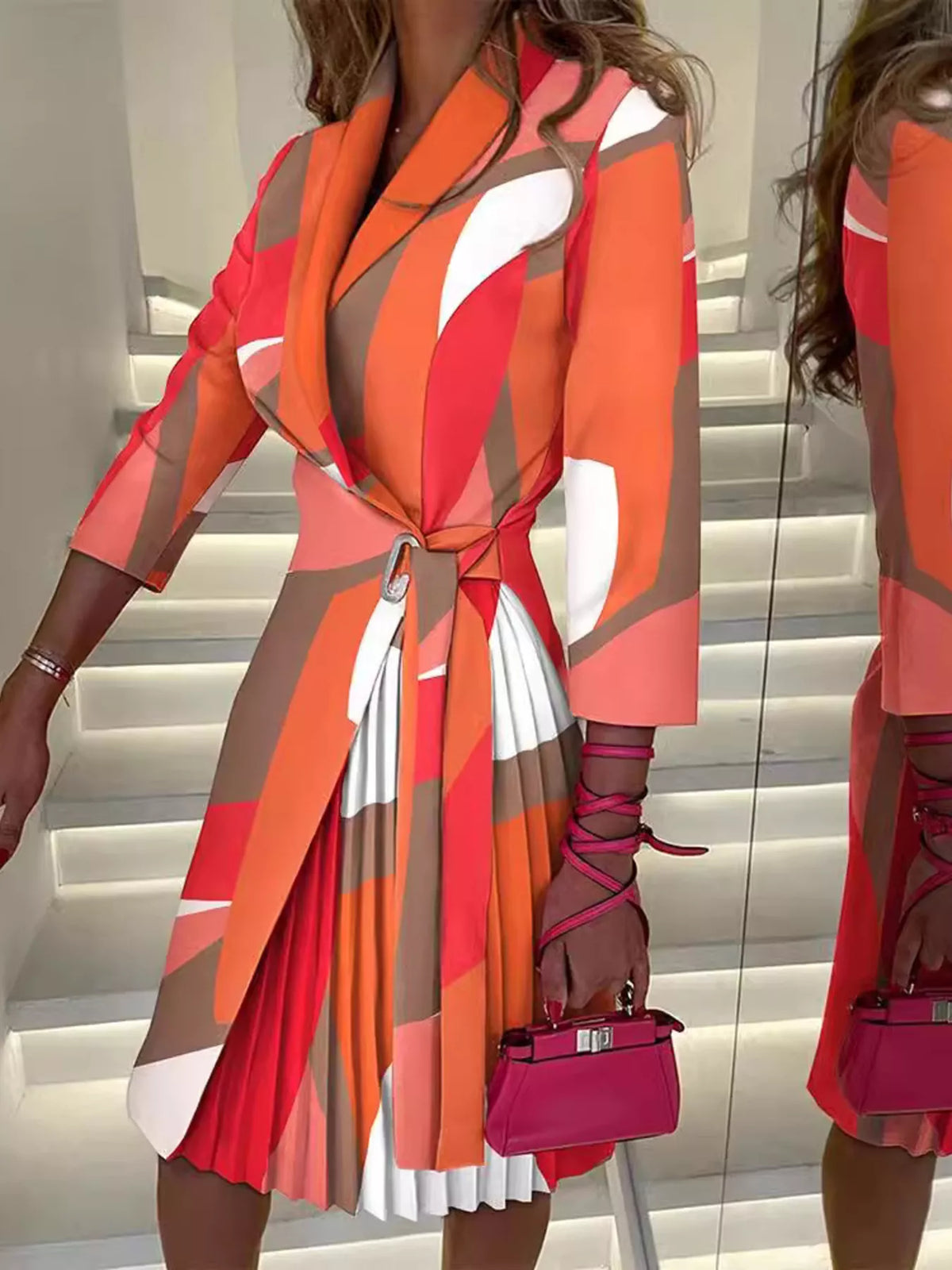 Blazer Style Pleated Midi Dress - Scarlet - View 1