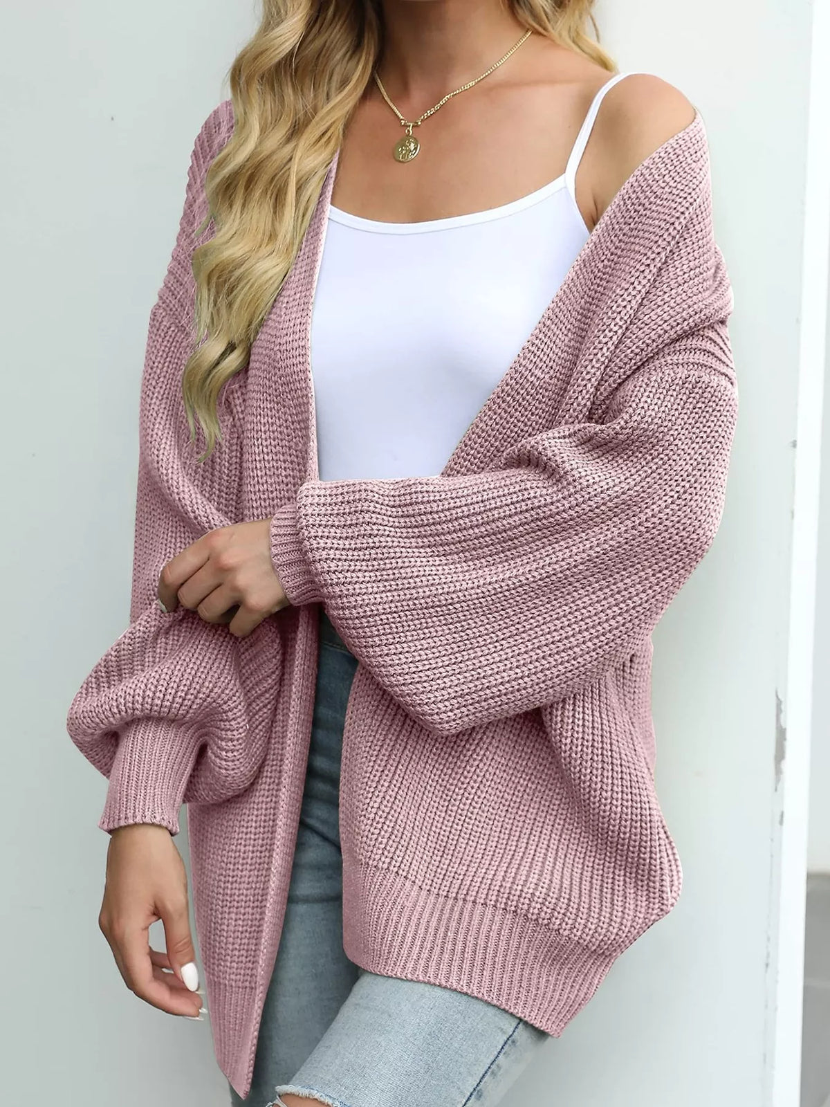 Chunky Knit Open Front Cardigan with Lantern Sleeves - Pink - View 2