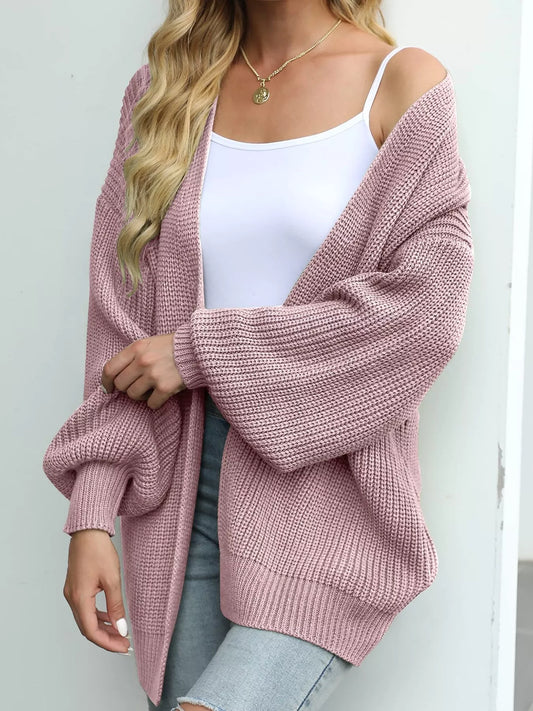 Chunky Knit Open Front Cardigan with Lantern Sleeves - Pink - View 2