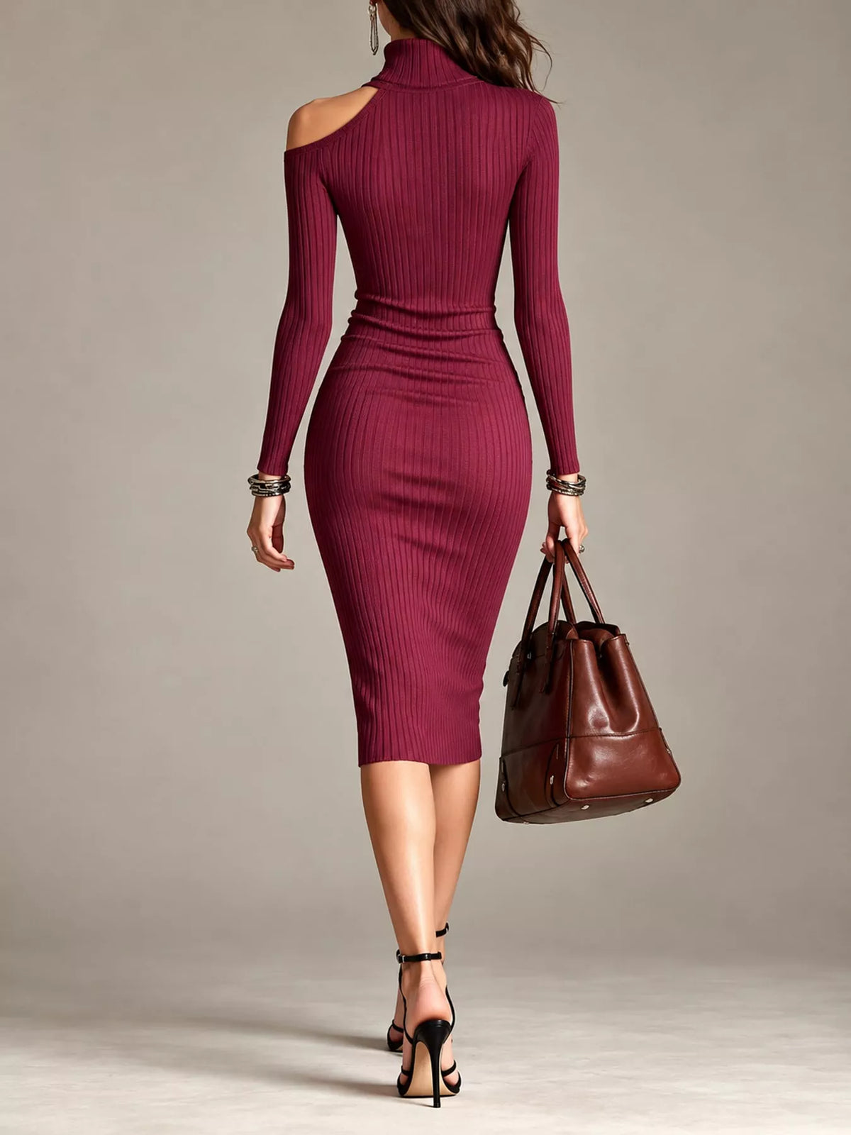 Cold-Shoulder Turtleneck Ribbed Knit Dress - Burgundy - View 9