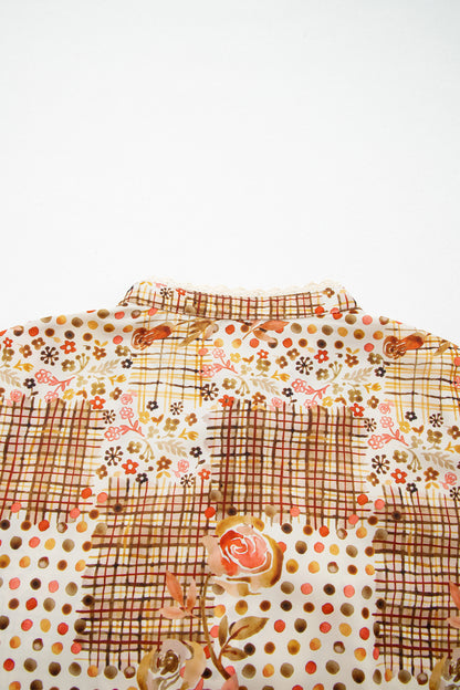 Brown Floral Lace Trim Button Down Long Sleeve Shirt - Brown - 9