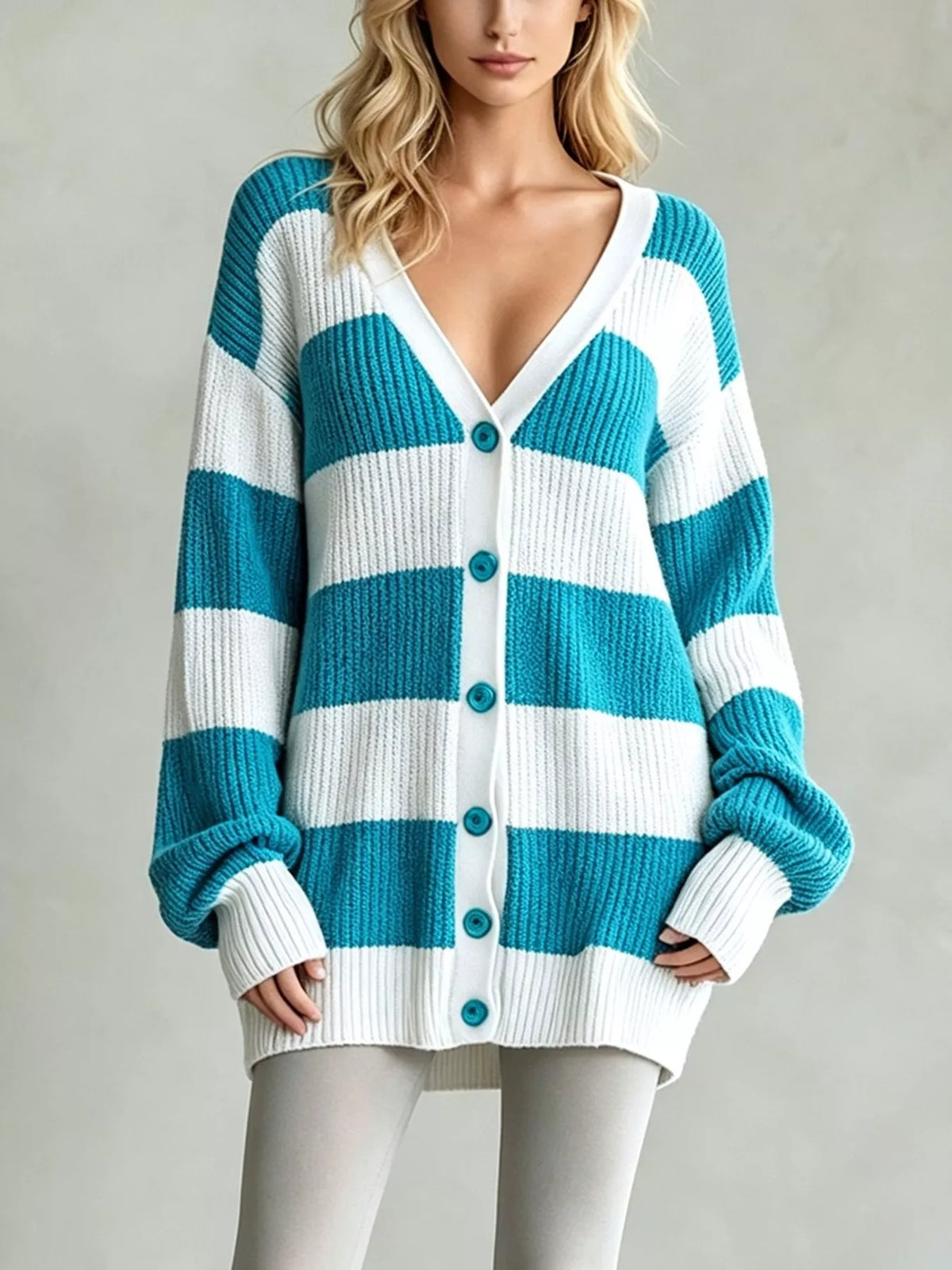 Striped V-Neck Button-Down Cardigan - Sky Blue - View 4