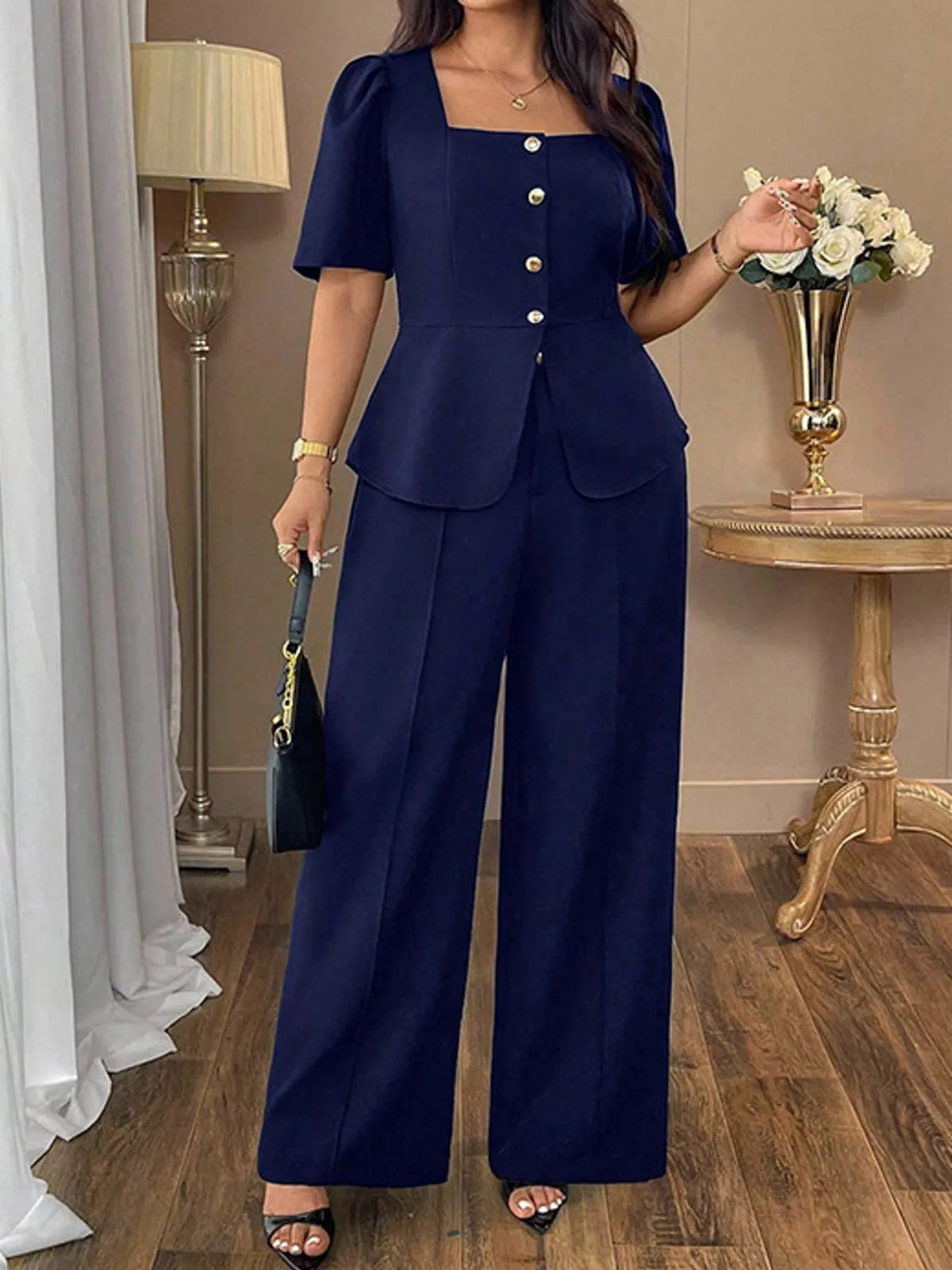 Plus Size Peplum Top and Wide-Leg Pants Two-Piece Set - Navy - View 10