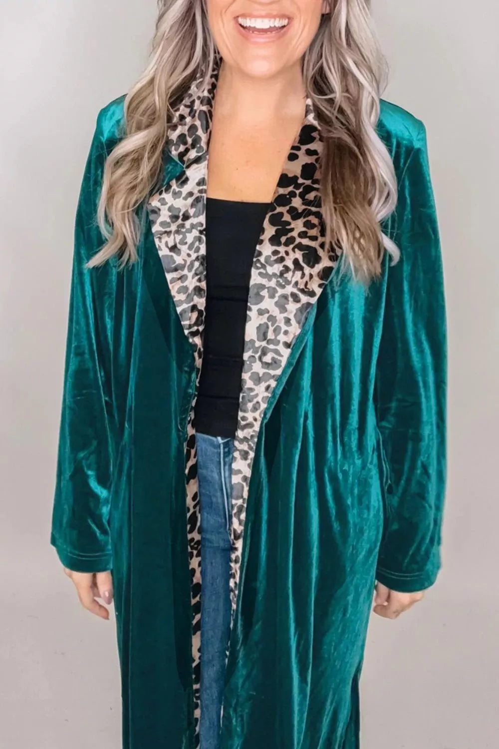 Velvet Contrast Leopard Print Lapel Collar Open Front Cardigan - Deep Teal - View 4