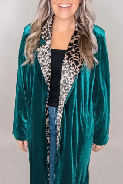 Velvet Contrast Leopard Print Lapel Collar Open Front Cardigan - Deep Teal - View 4