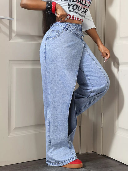High-Waisted Asymmetric Wrap Wide-Leg Jeans - Blue - View 3