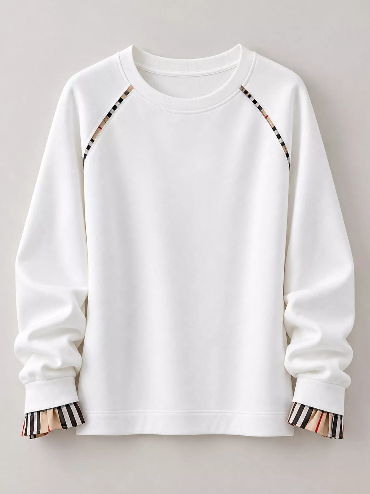 Plaid-Trimmed Crew Neck Sweatshirt - White-Plain - View 4