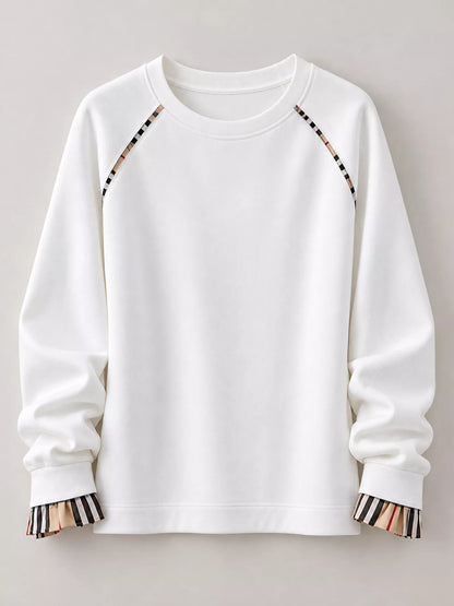 Plaid-Trimmed Crew Neck Sweatshirt - White-Plain - View 4
