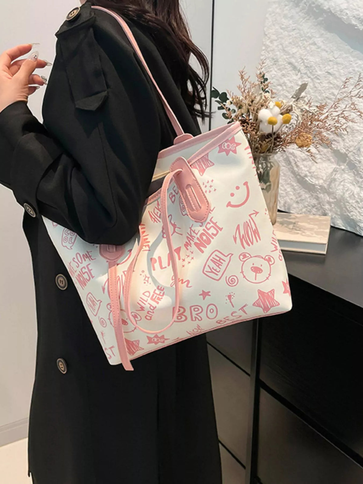 Graffiti Print Casual Tote Bag - Pink - View 10