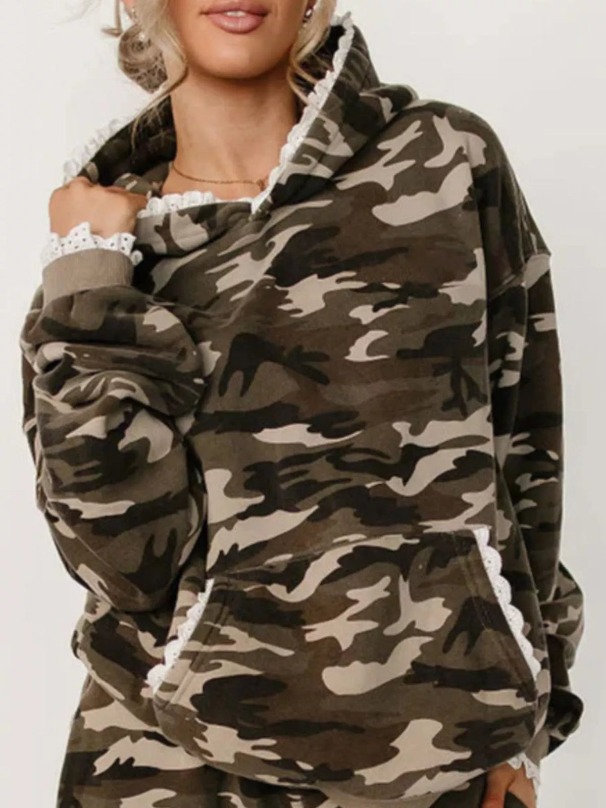 Lace Trim Kangaroo Pocket Hoodie - Green Camouflage - View 3