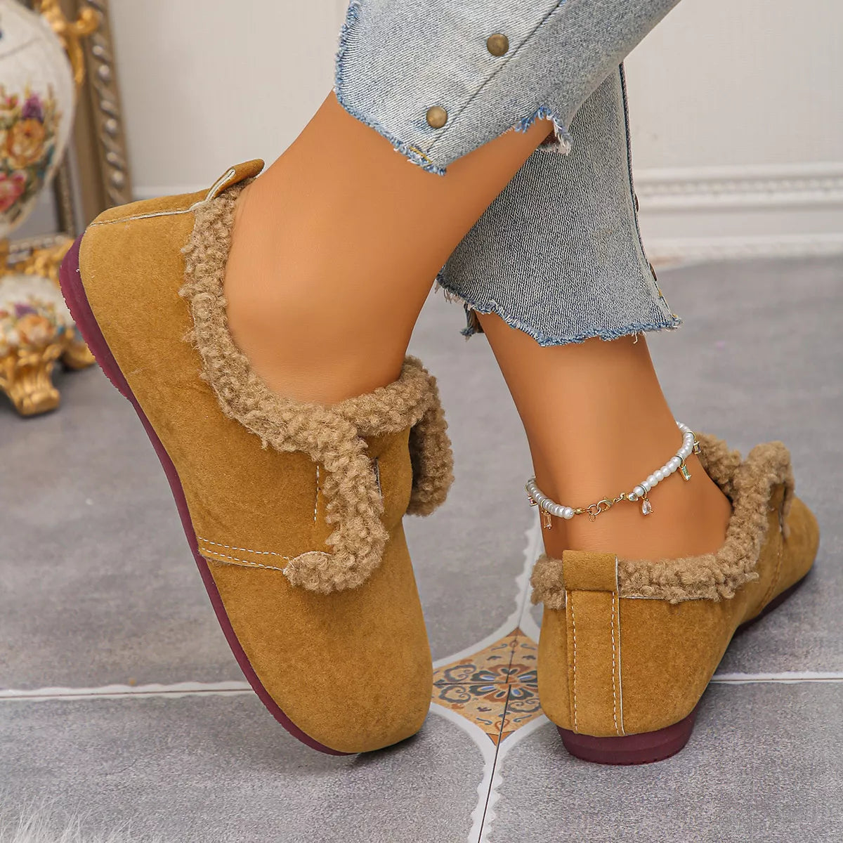 Faux Fur Lined Slip-Ons - Apricot - View 4