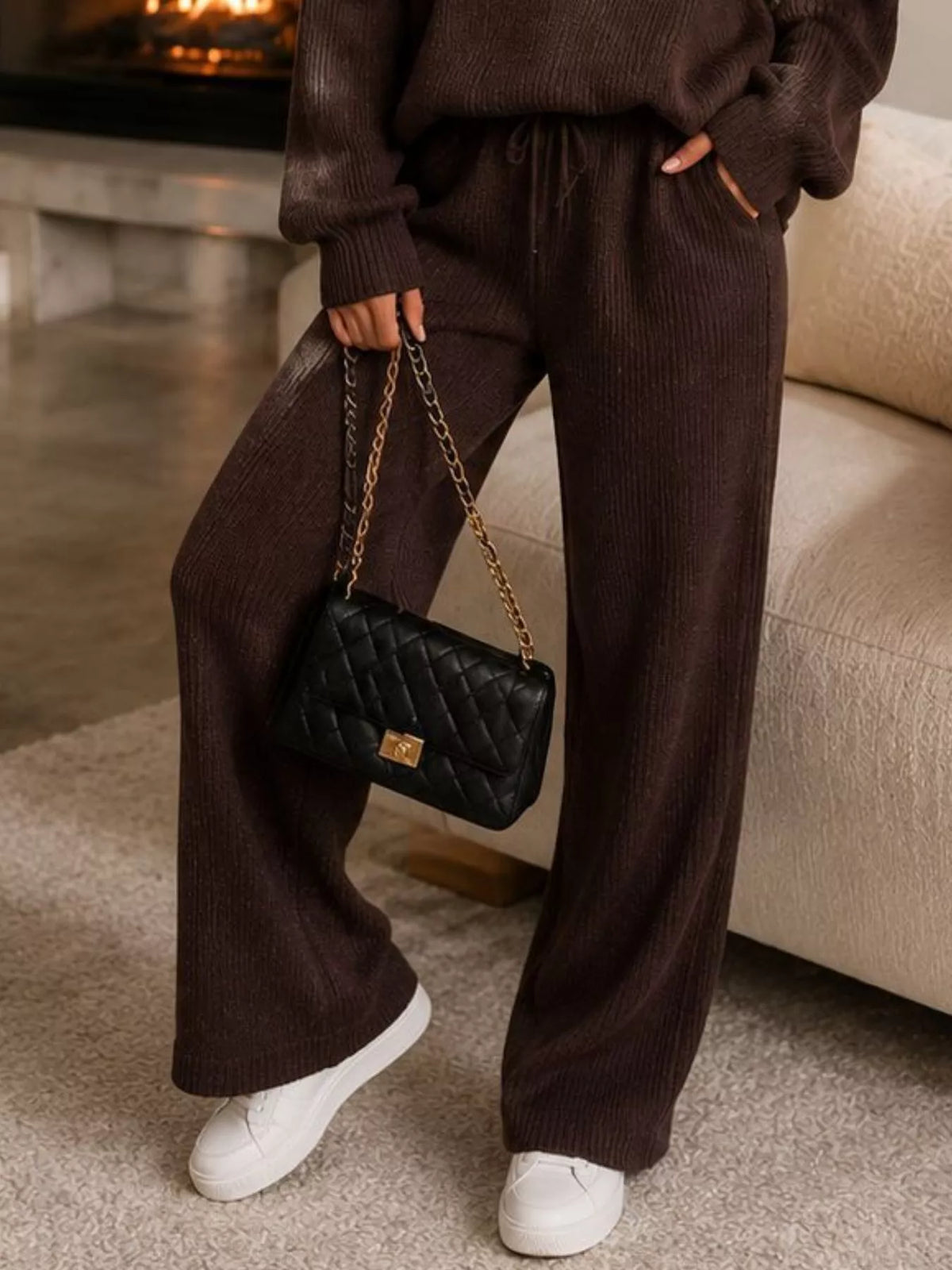 Ribbed Knit Quarter-Zip Top and Wide-Leg Pants Set - Dark Brown - View 3