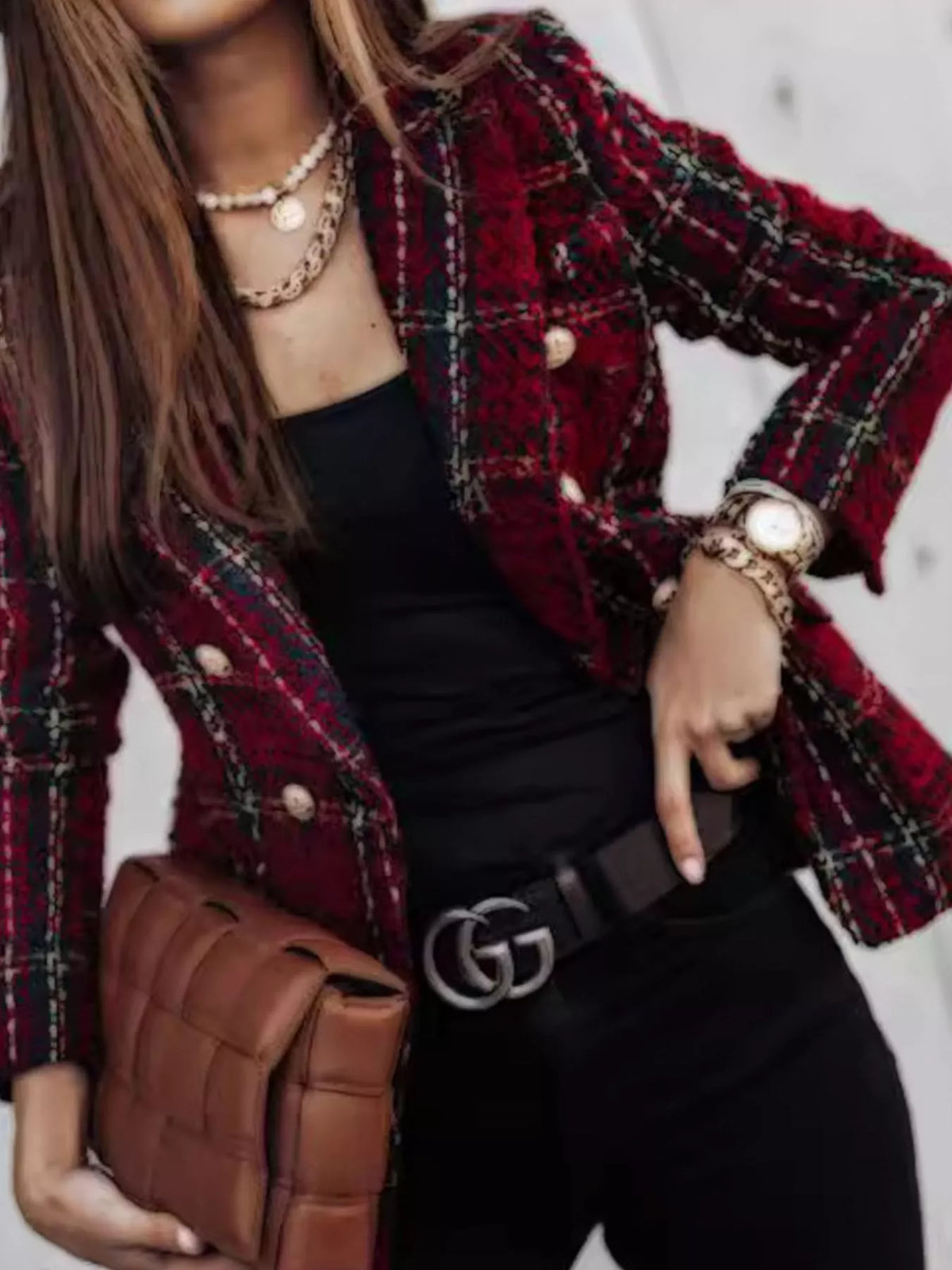 Full Size Plaid Tweed Double-Breasted Blazer Plus Size - Burgundy - View 2