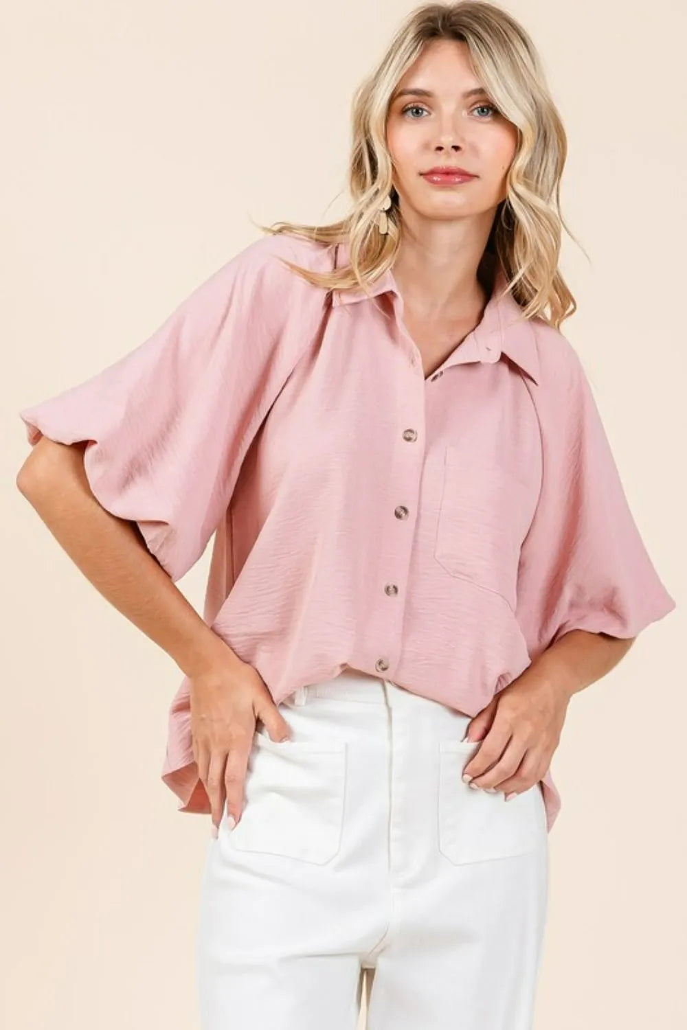 Mittoshop Airflow Short Bubble Sleeve Button Down Shirt - Rose Wood - View 3