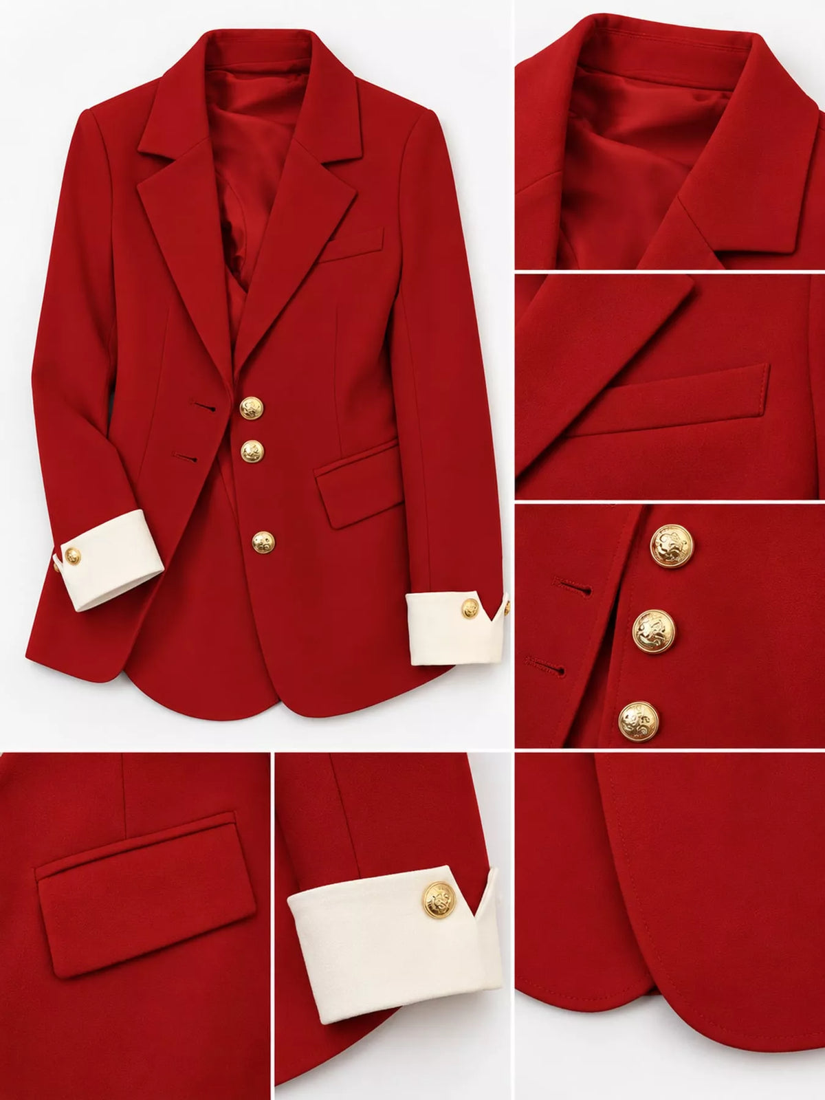 Full Size Single-Breasted Blazer with Gold Button Accents Plus Size - Red - View 24