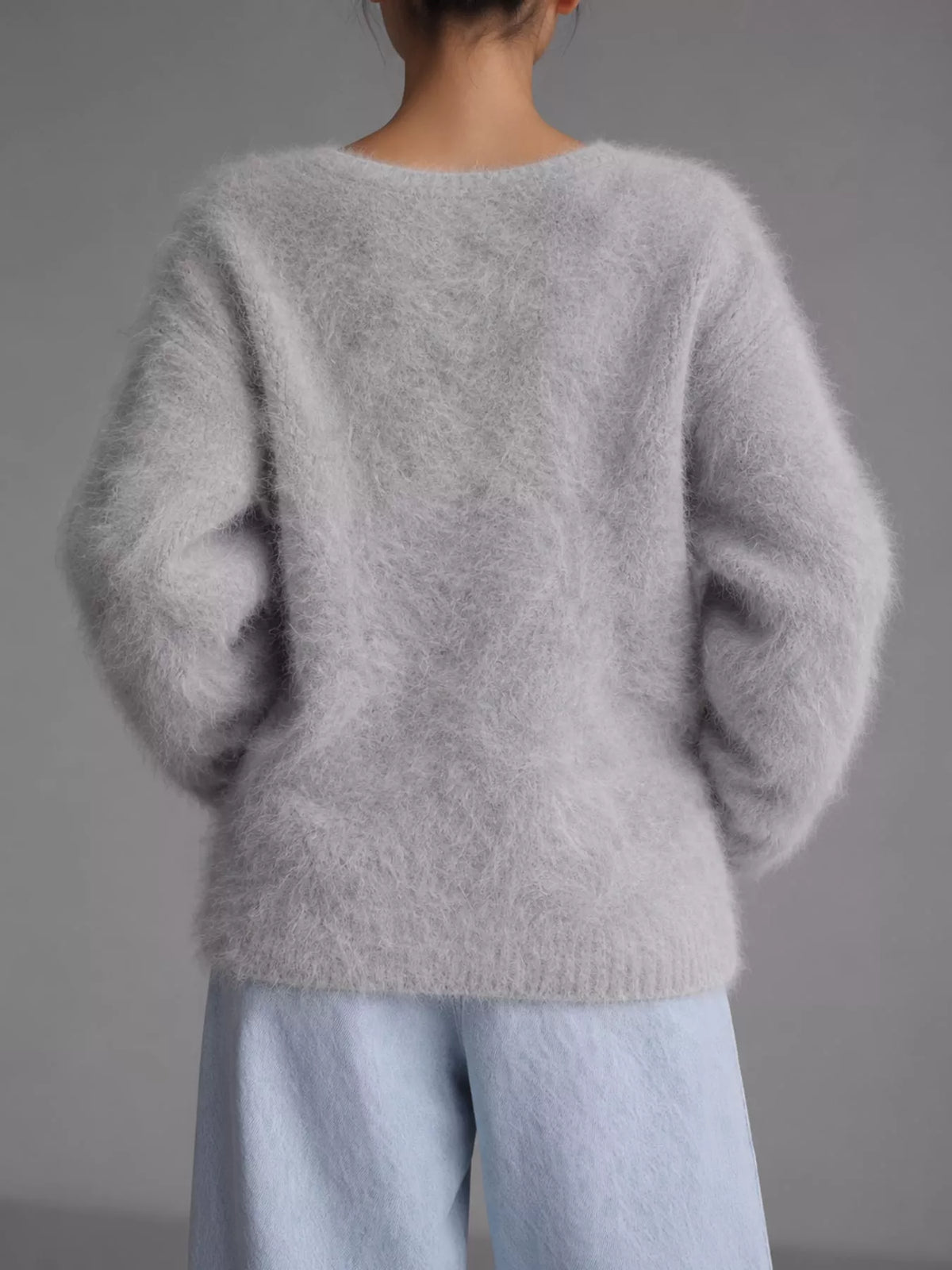 Fuzzy V-Neck Button-Down Cardigan - Light Gray - View 2