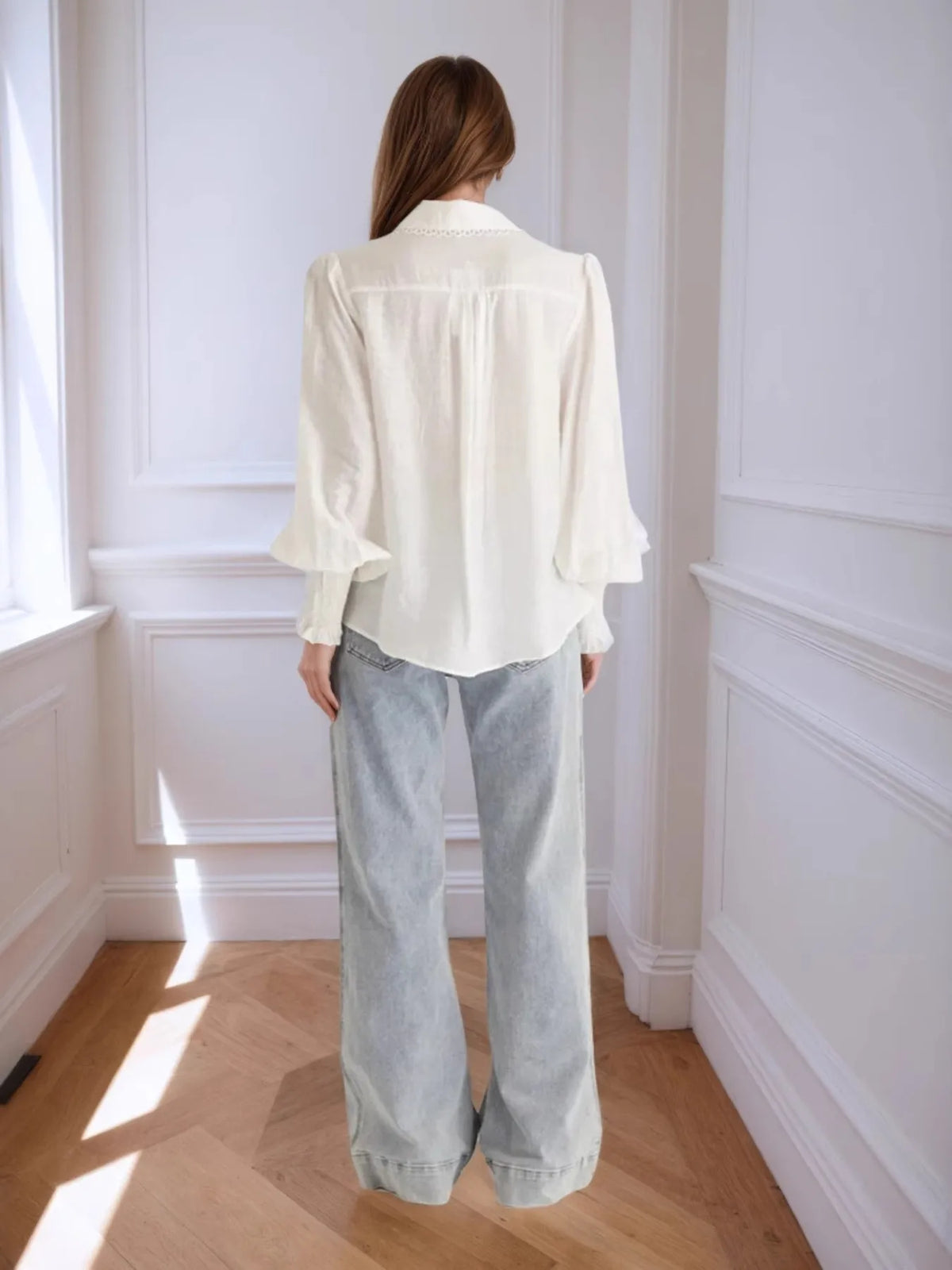 Collared Neck Lantern Sleeve Shirt - White - View 4