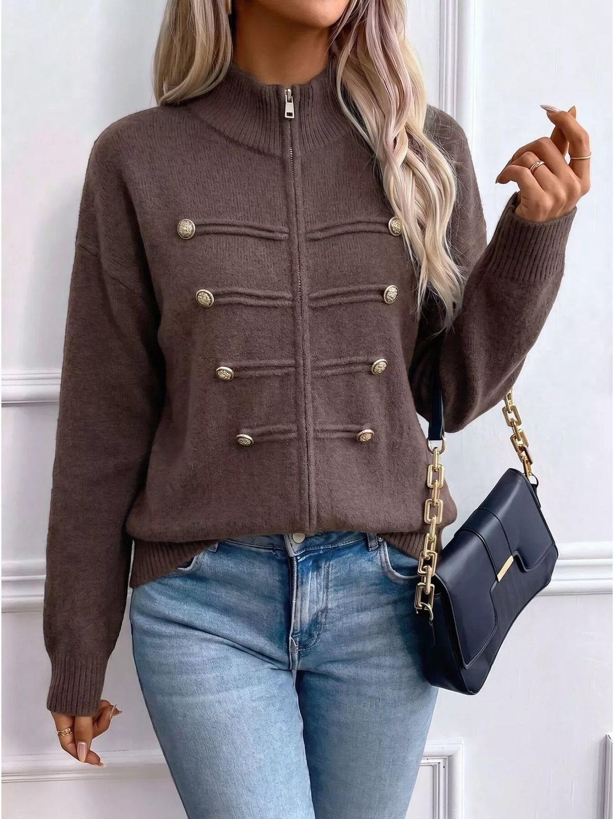 Zip-Up Long Sleeve Cardigan - Coffee Brown - View 5