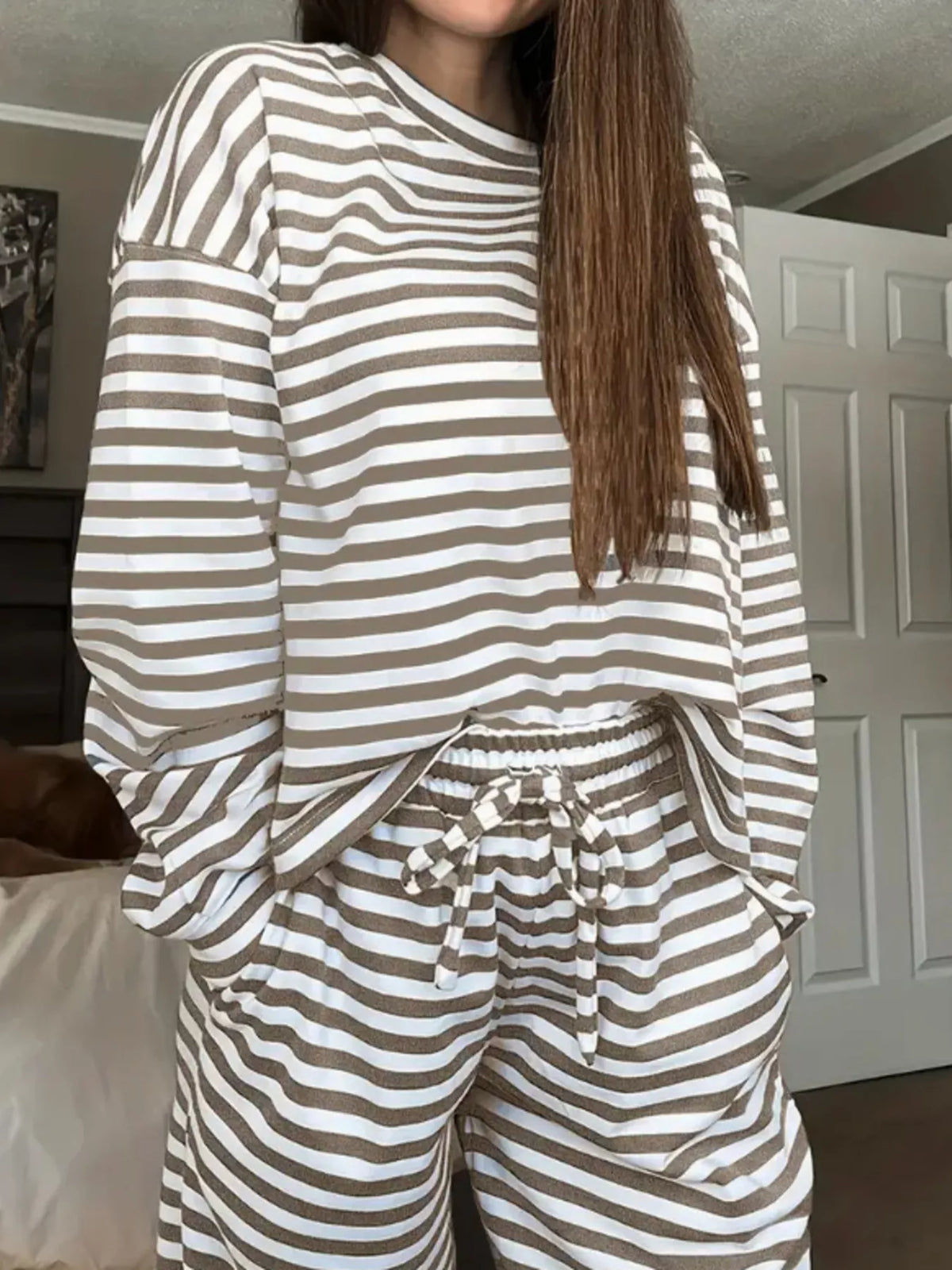 Striped Long Sleeve Top and Pants Set - Khaki - View 1