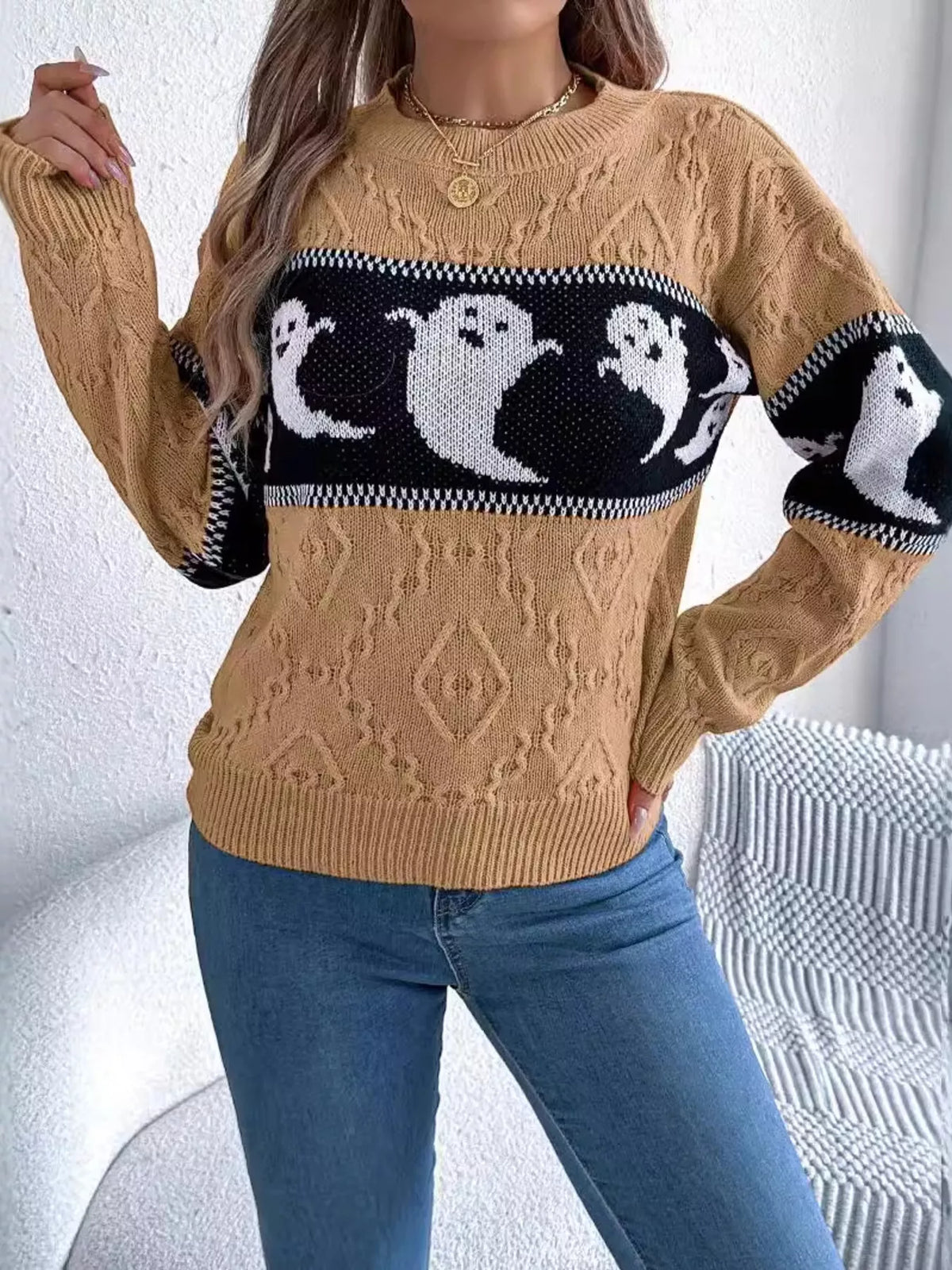 Halloween Ghost Pattern Textured Sweater - Gray - View 4