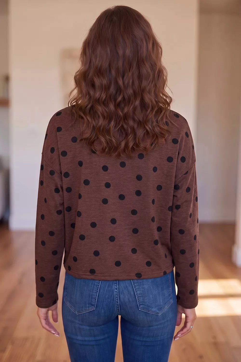 Polka Dot Button Front Long Sleeve Casual Shirt - Brown - View 2