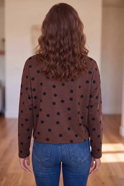 Polka Dot Button Front Long Sleeve Casual Shirt - Brown - View 2